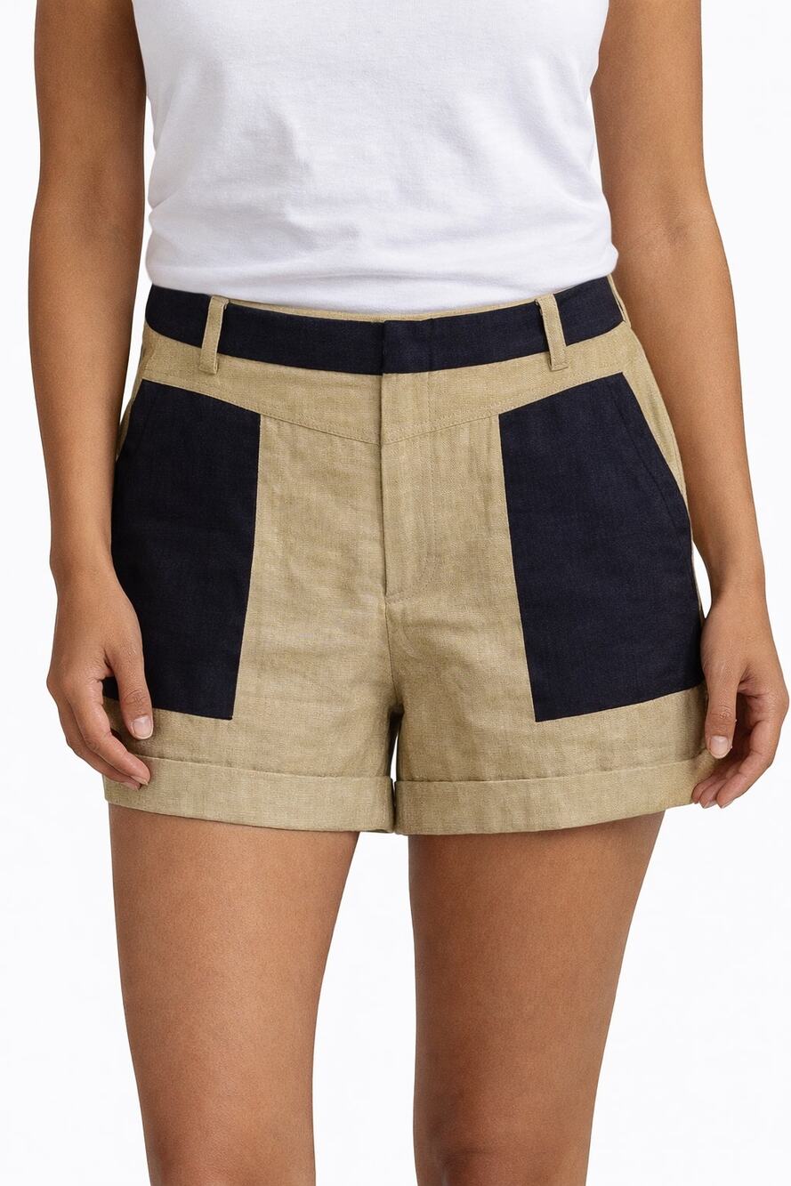 Nikibiki Linen Blend Colorblock Shorts Tan Navy Women’s Size L